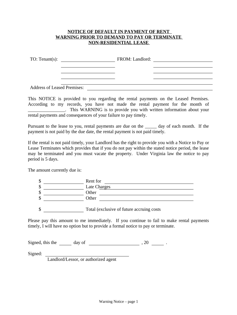 Notice of Default in Payment of Rent as Warning Prior to Demand to Pay or Terminate for Nonresidential or Commercial Property Vi  Form