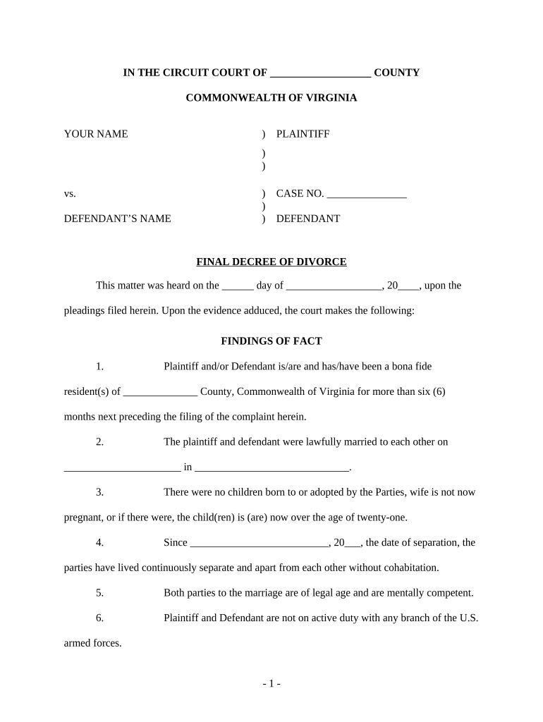 Final Decree Divorce Document  Form