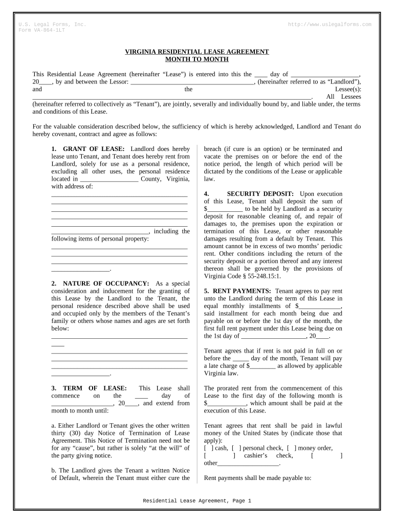 Residential Lease or Rental Agreement for Month to Month Virginia  Form