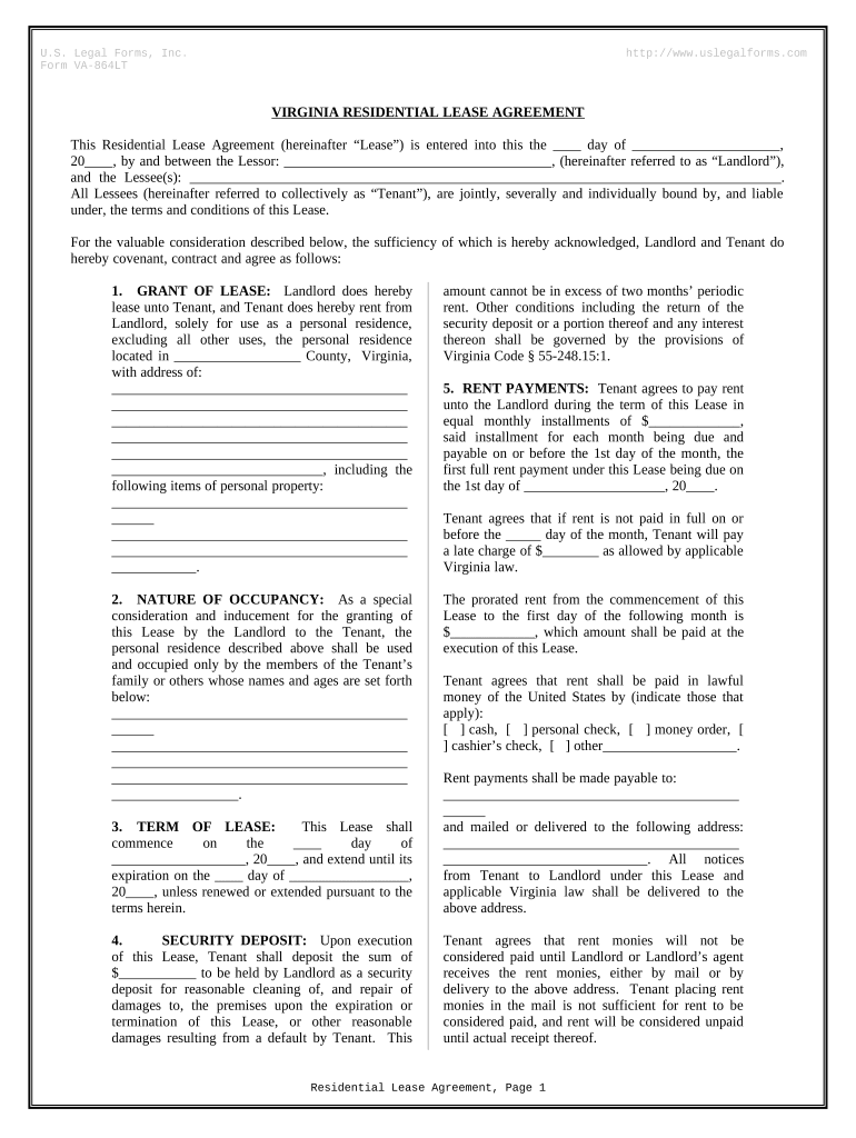 Residential Rental Lease Agreement Virginia  Form