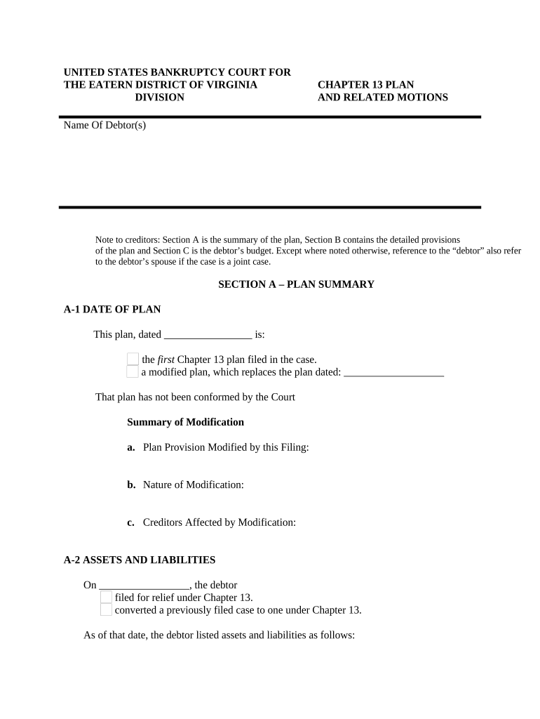 Chapter 13 Plan and Related Motions Virginia  Form