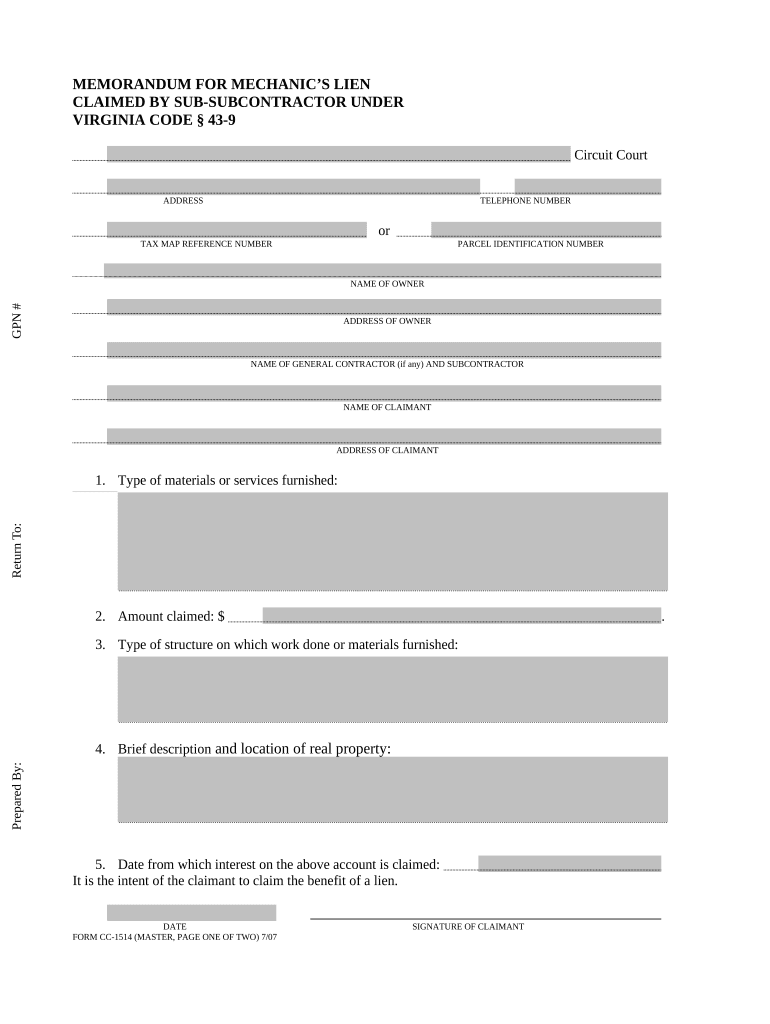 Virginia Memorandum Lien  Form