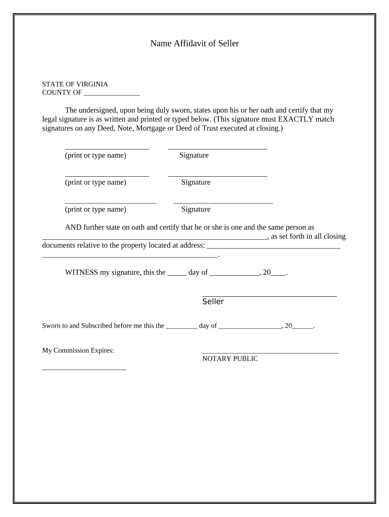 Name Affidavit of Seller Virginia Form