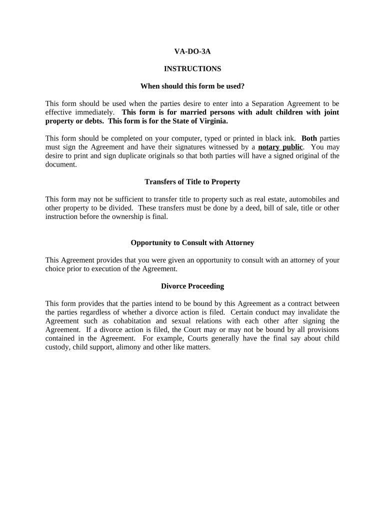 Marital Domestic Separation and Property Settlement Agreement Adult Children Parties May Have Joint Property or Debts Effective   Form