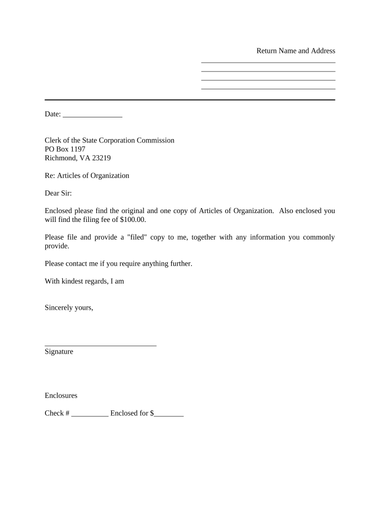Sample Cover Letter for Filing of LLC Articles or Certificate with Secretary of State Virginia  Form