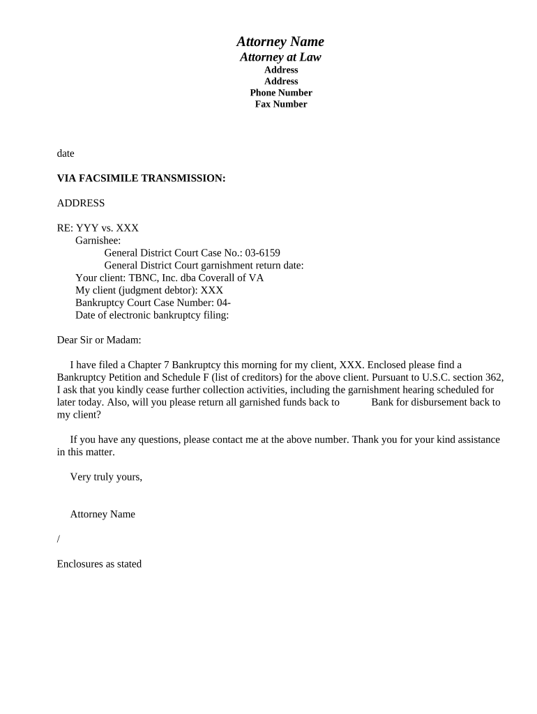 Letter to Creditor Regarding Garnishment Virginia  Form