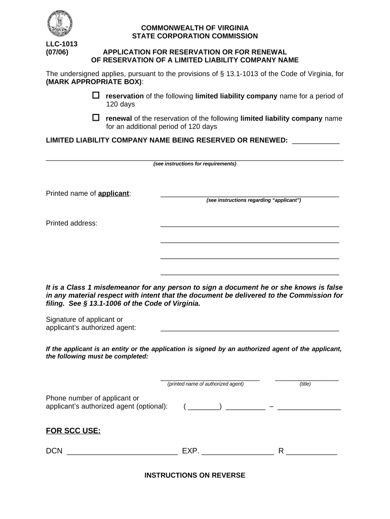 Va Llc Name  Form