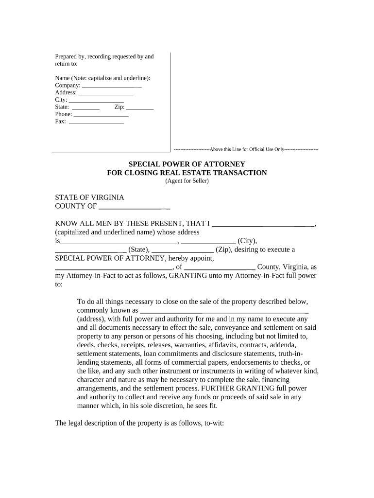 Special or Limited Power of Attorney for Real Estate Sales Transaction by Seller Virginia  Form