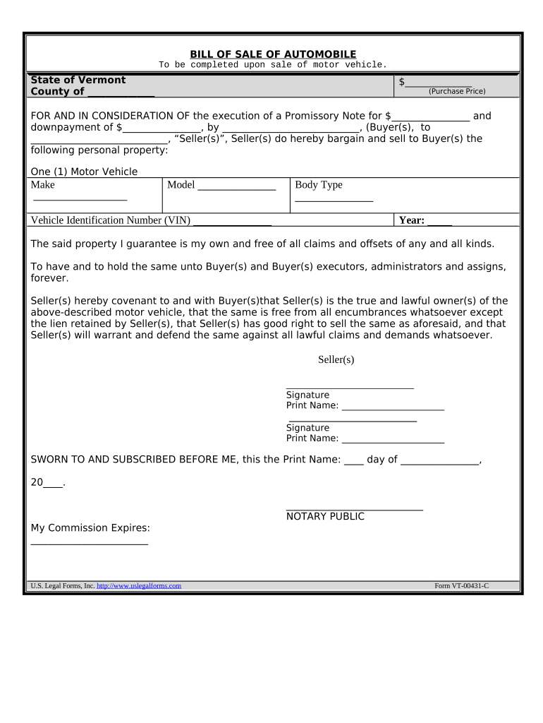 Bill of Sale for Automobile or Vehicle Including Odometer Statement and Promissory Note Vermont  Form