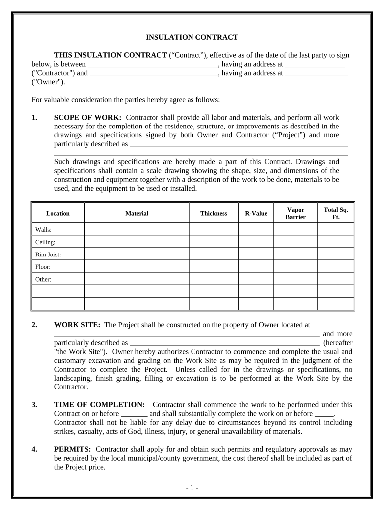 Insulation Contract for Contractor Vermont  Form