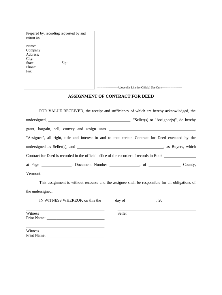 Assignment of Contract for Deed by Seller Vermont  Form