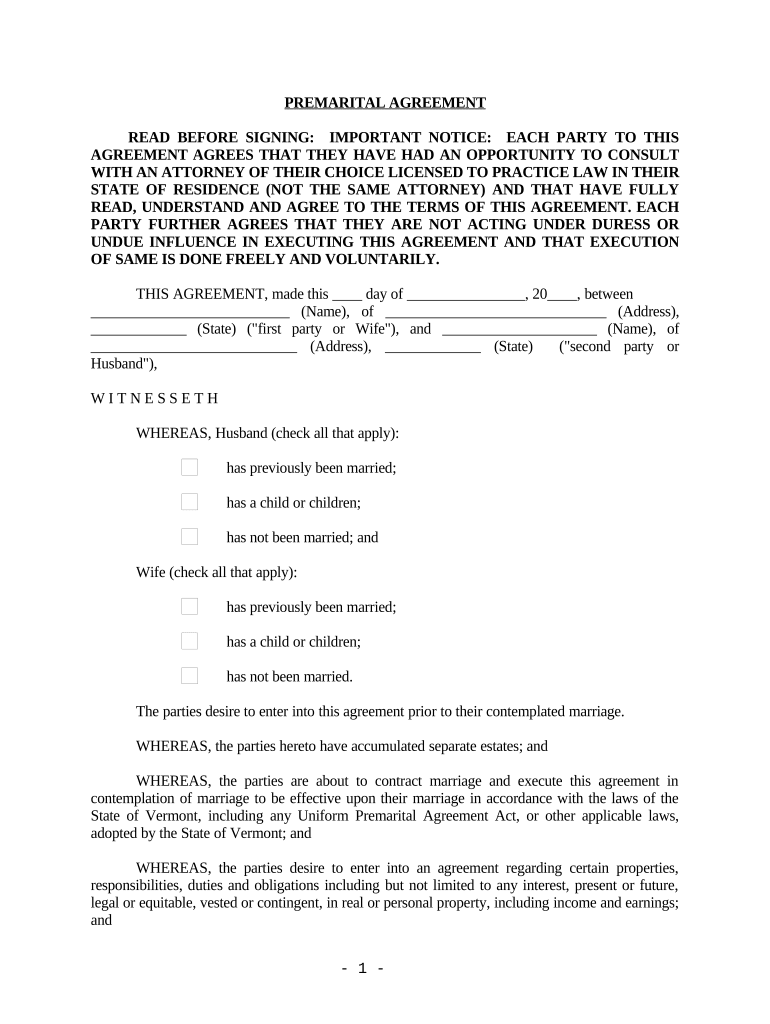 Vt Premarital Agreement  Form