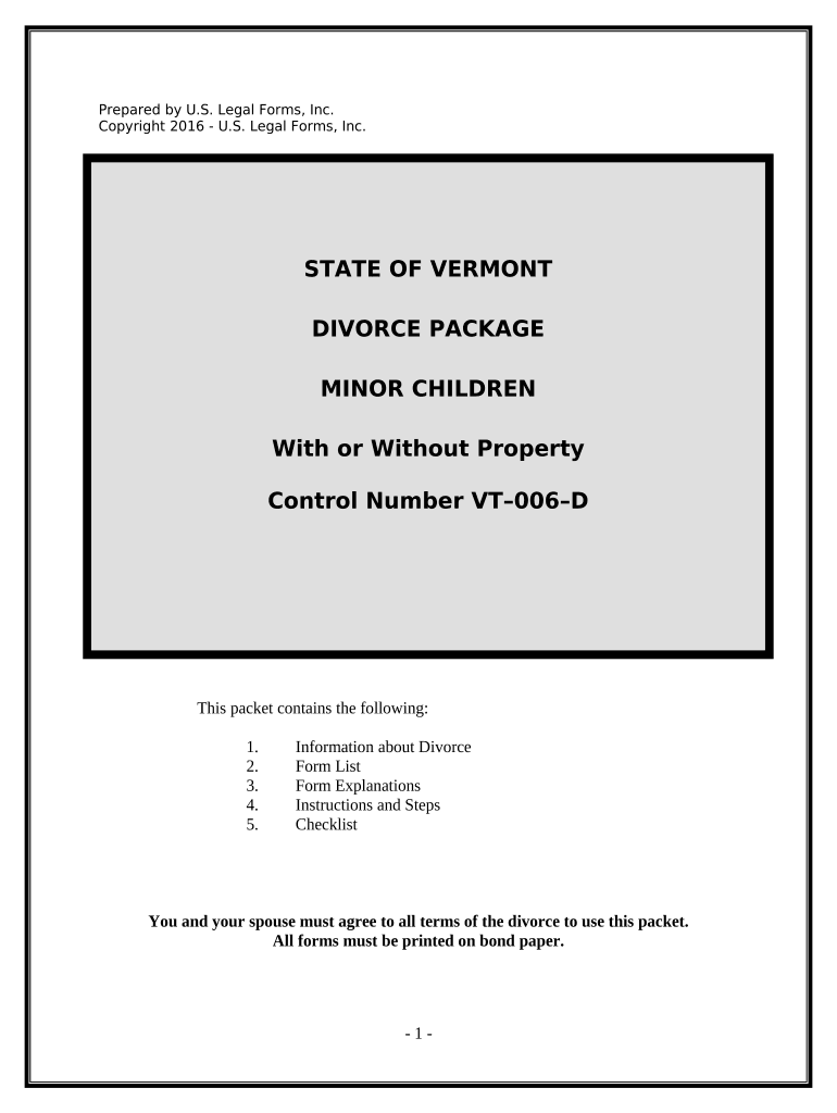 No Fault Agreed Uncontested Divorce Package for Dissolution of Marriage for People with Minor Children Vermont  Form