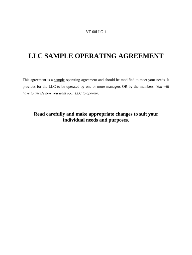 Limited Liability Company LLC Operating Agreement Vermont  Form