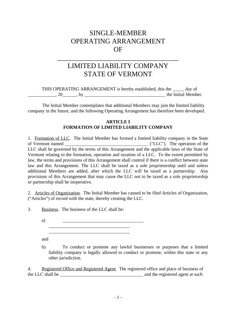 Single Member Limited Liability Company LLC Operating Agreement Vermont  Form