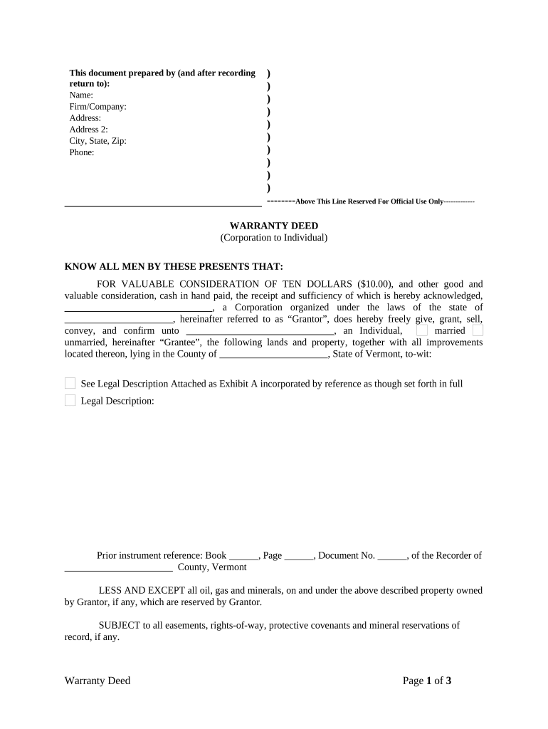 Vermont Warranty Deed  Form