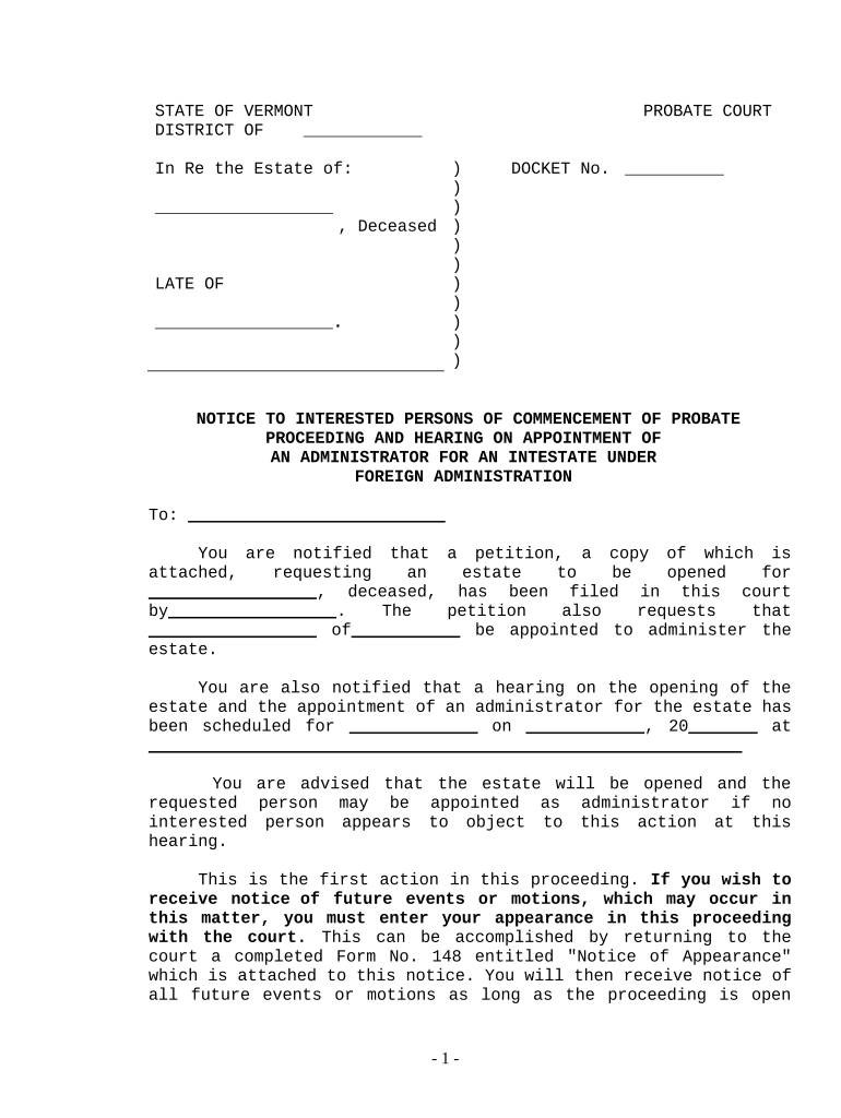 Notice to Interested Persons of Commencement of Probate Proceeding and Hearing on Appointment of Administrator for Intestate Est  Form