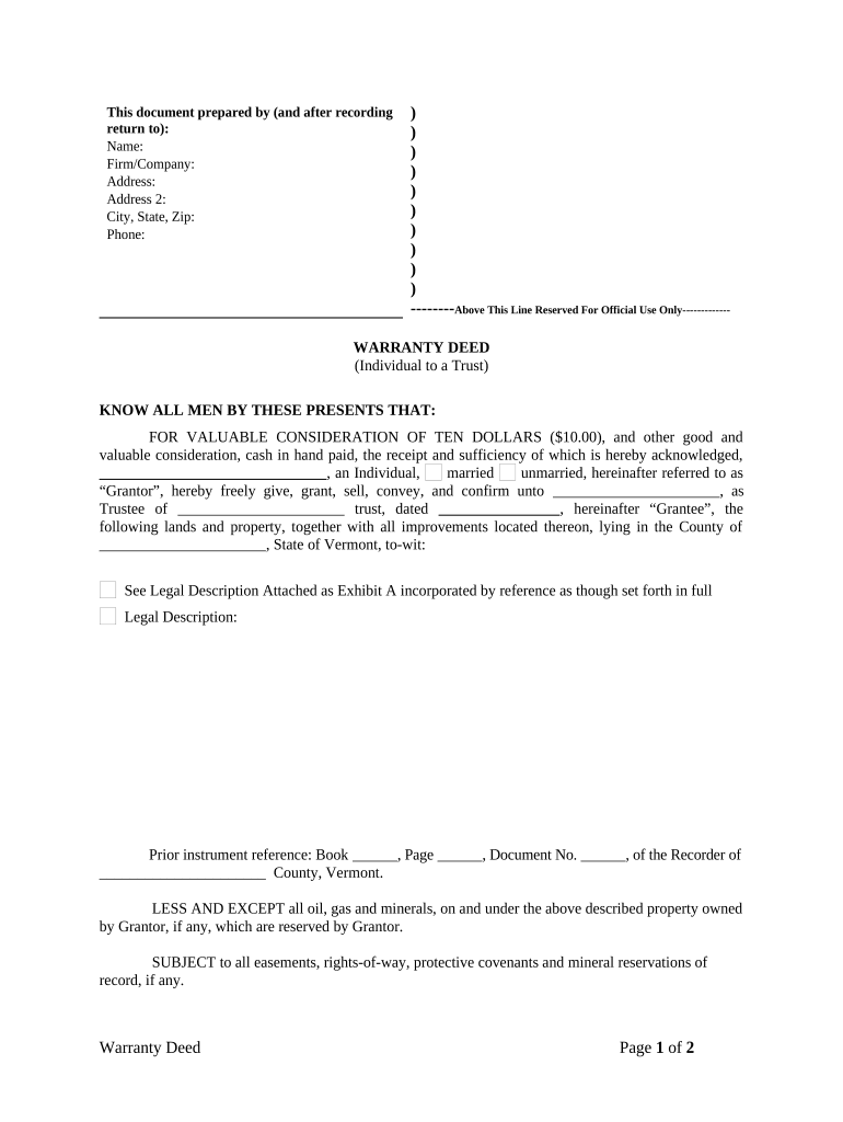 Warranty Deed from Individual to a Trust Vermont  Form