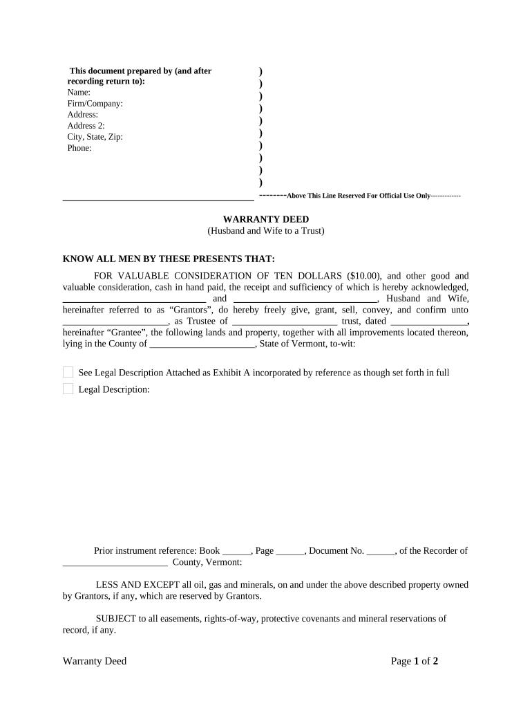 Warranty Deed from Husband and Wife to a Trust Vermont  Form