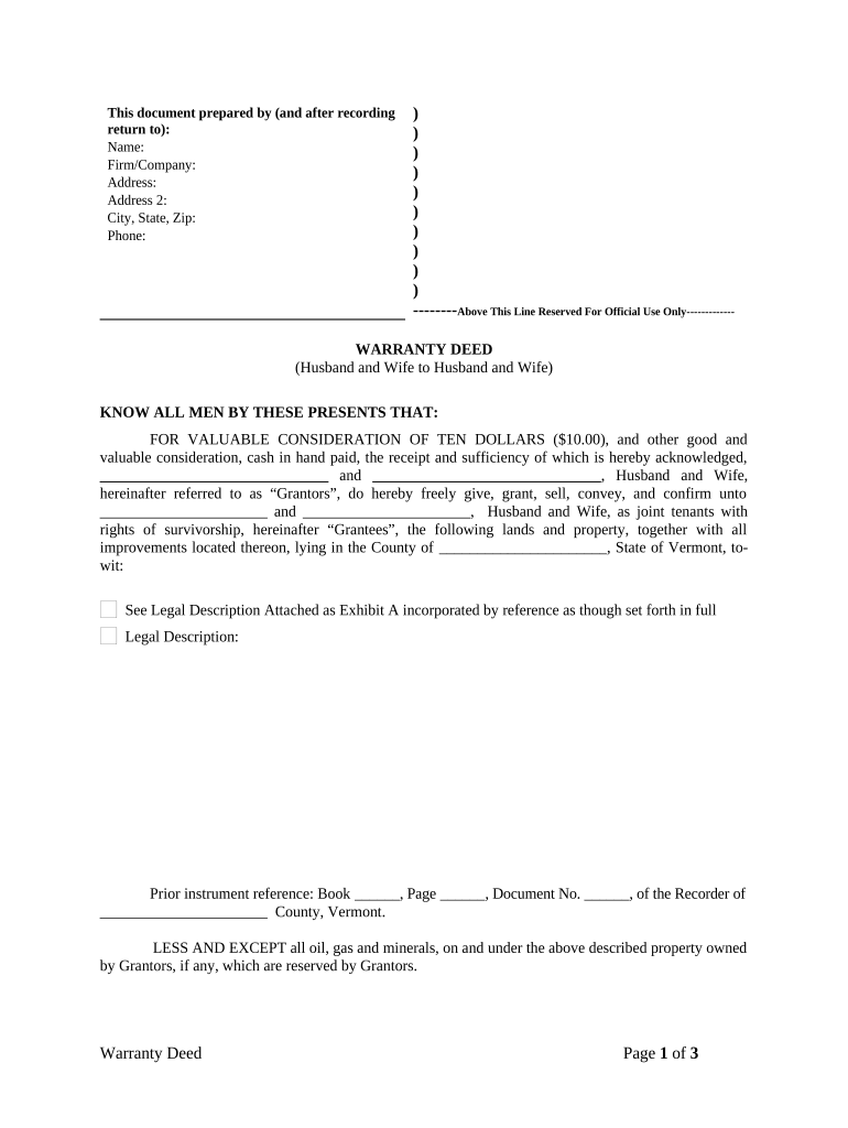 Warranty Deed from Husband and Wife to Husband and Wife Vermont  Form