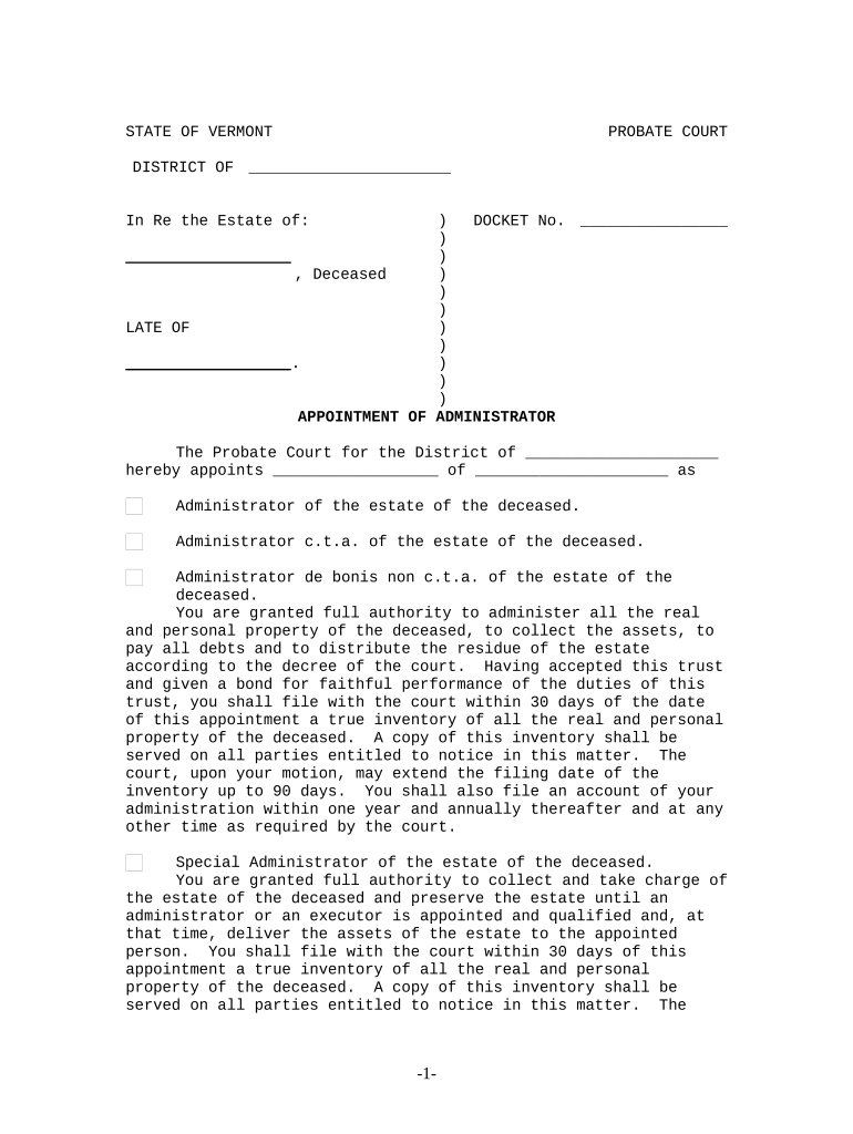 Appointment of Administrator Vermont  Form