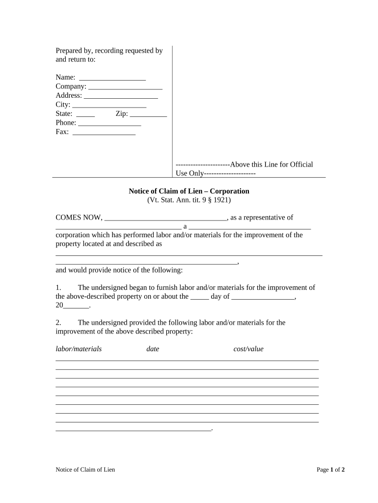 Vermont Lien Form