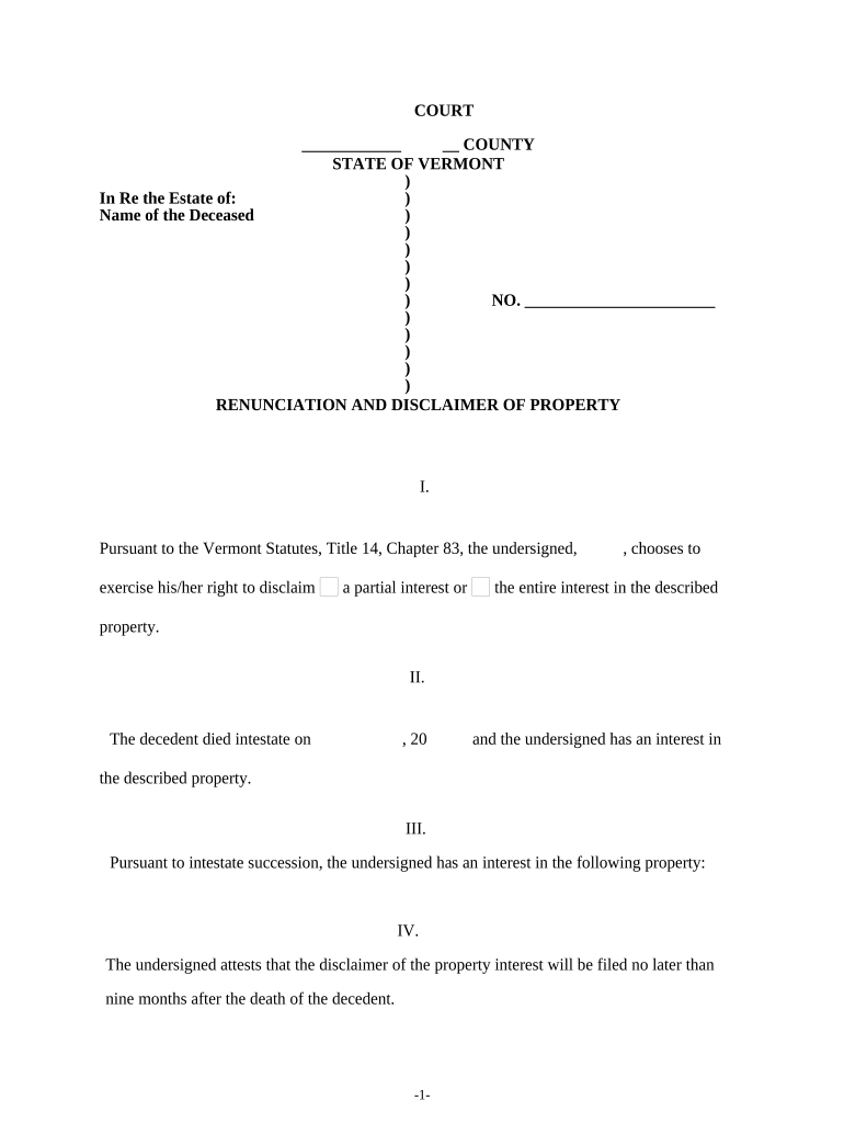 Renunciation and Disclaimer of Property Received by Intestate Succession Vermont  Form