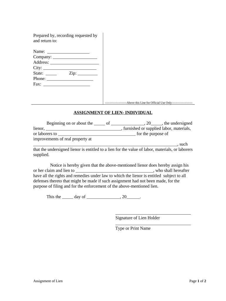 Assignment of Lien Individual Vermont  Form