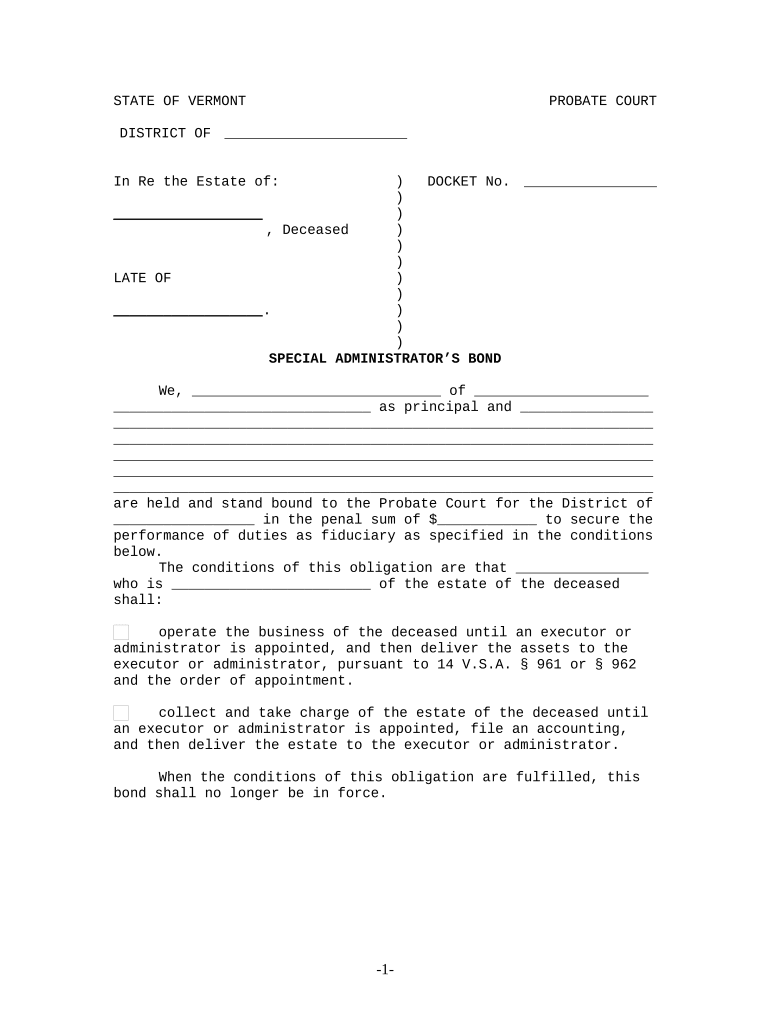 Special Administrator's Bond Vermont  Form