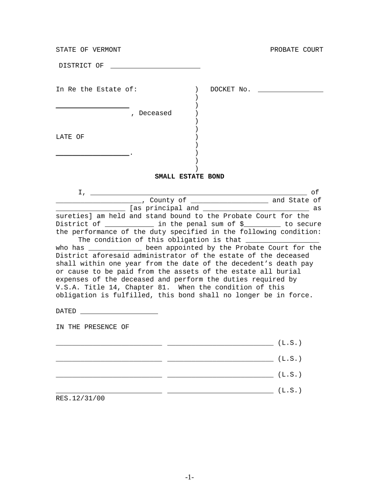 Vermont Small Estate  Form