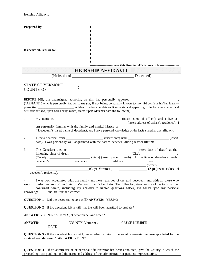 Heirship Affidavit Descent Vermont  Form
