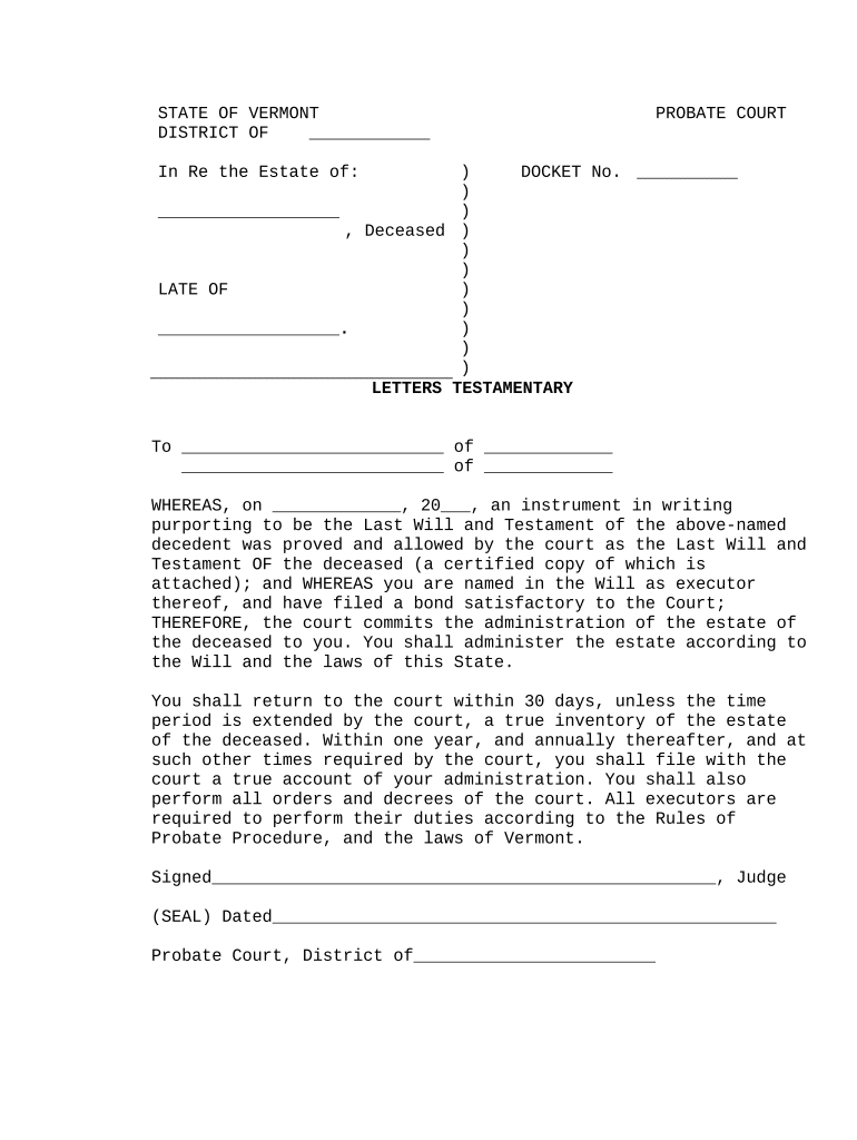 Letters Testamentary Vermont  Form
