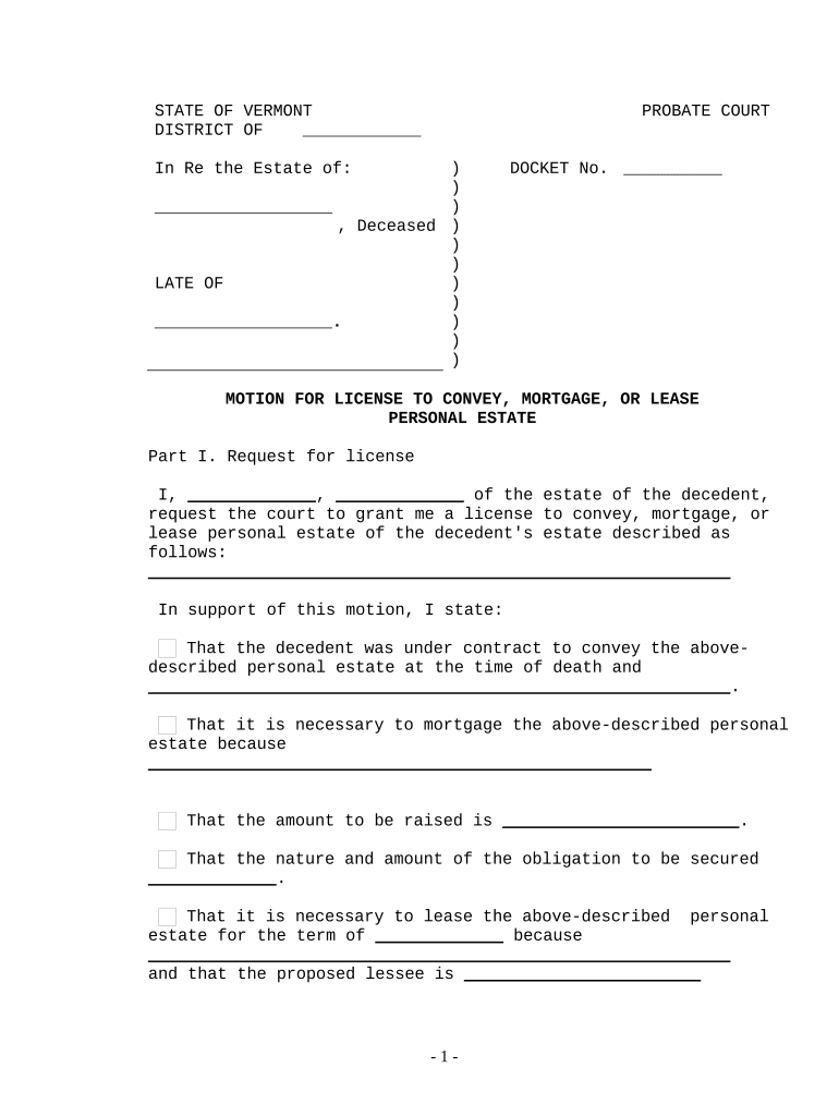 Motion for License to Convey, Mortgage, or Lease Personal Estate Vermont  Form
