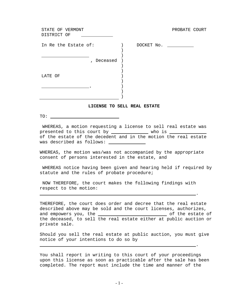 License to Sell Real Estate Vermont  Form