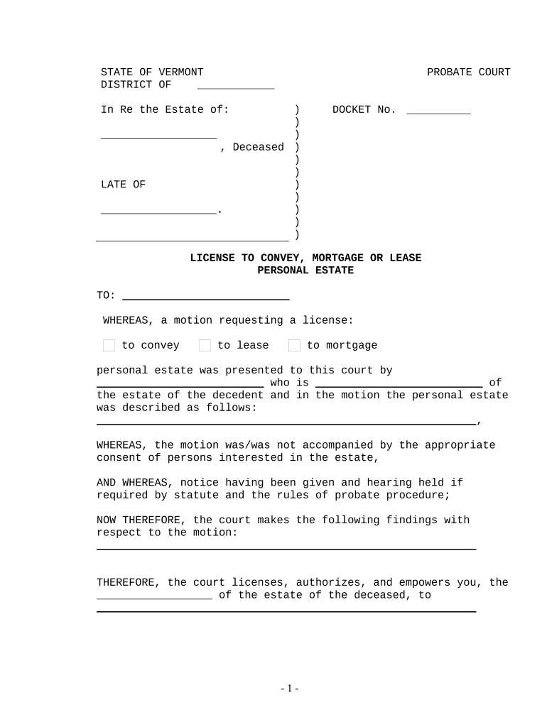 License to Sell Personal Estate Vermont  Form