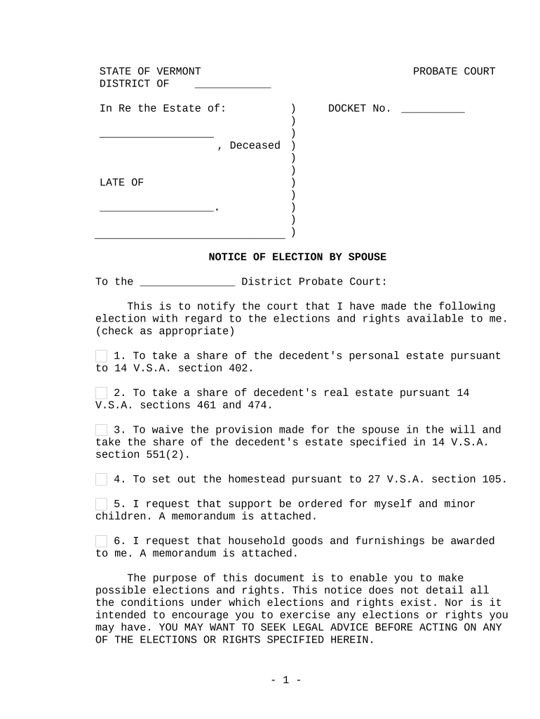 Notice of Election by Spouse Vermont  Form