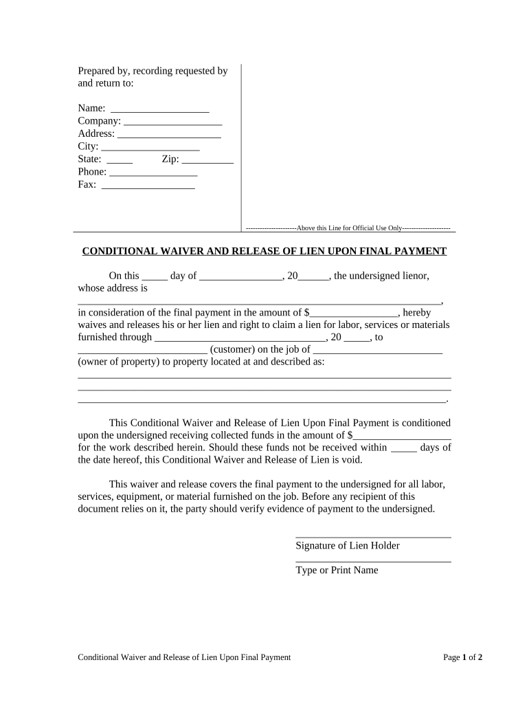 Conditional Waiver and Release of Claim of Lien Upon Final Payment Vermont  Form