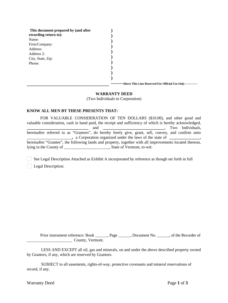 Vermont Warranty Deed  Form