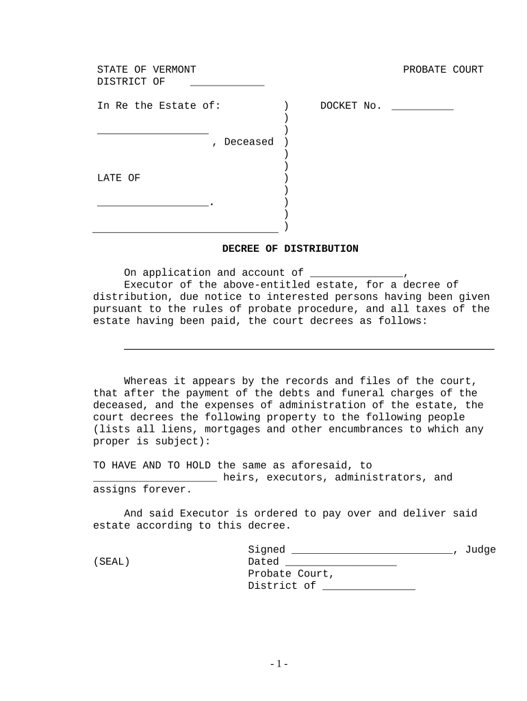 Decree of Distribution Vermont  Form