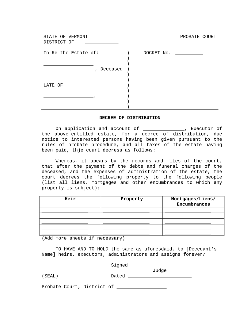 Decree of Distribution Alternate Form Vermont