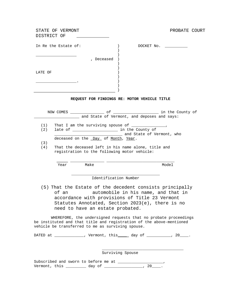 Request for Findings Regarding Motor Vehicle Title Vermont  Form