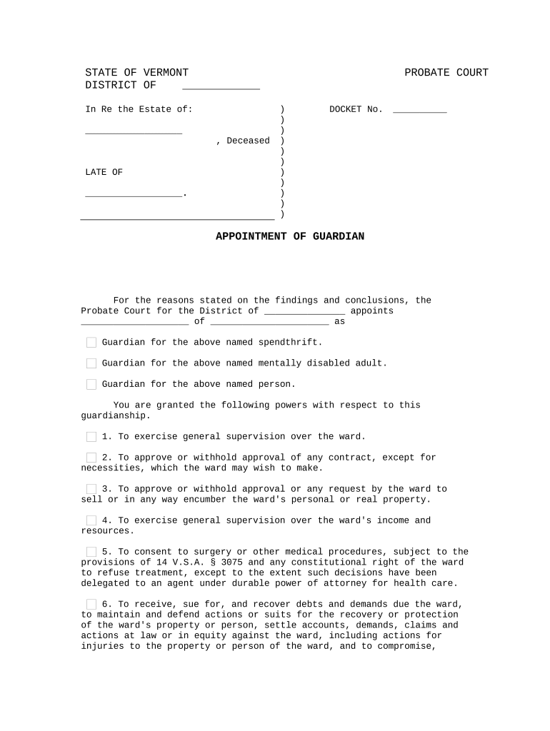 Appointment of Guardian Vermont  Form