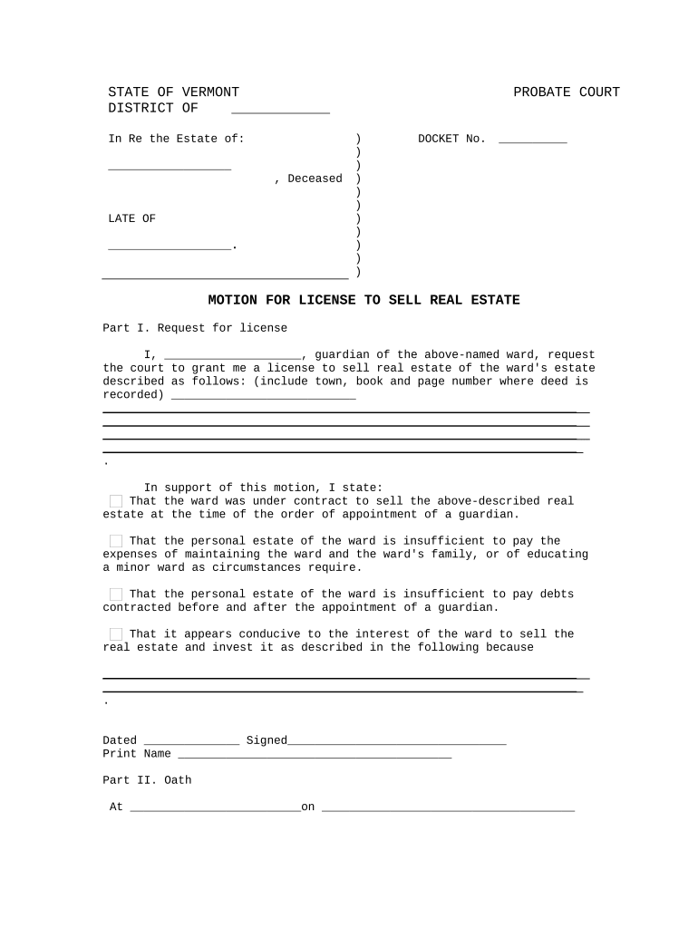 Motion for License to Sell Real Estate Vermont  Form