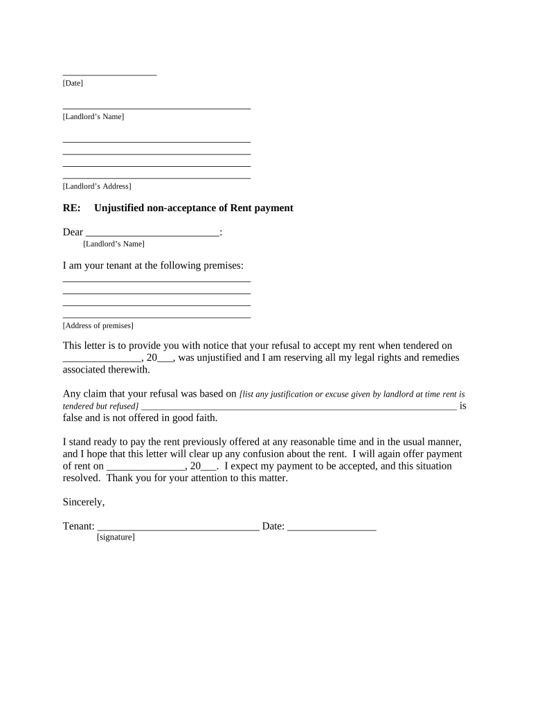 Letter from Tenant to Landlord Containing Notice to Cease Unjustified Nonacceptance of Rent Vermont  Form