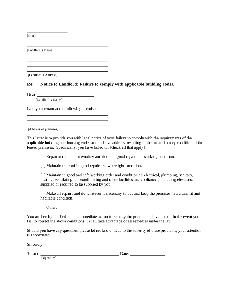 Letter from Tenant to Landlord for Failure of Landlord to Comply with Building Codes Affecting Health and Safety or Resulting in  Form