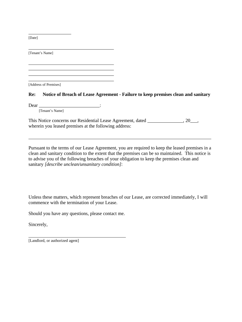 Letter from Landlord to Tenant for Failure to Keep Premises as Clean and Safe as Condition of Premises Permits Remedy or Lease T  Form