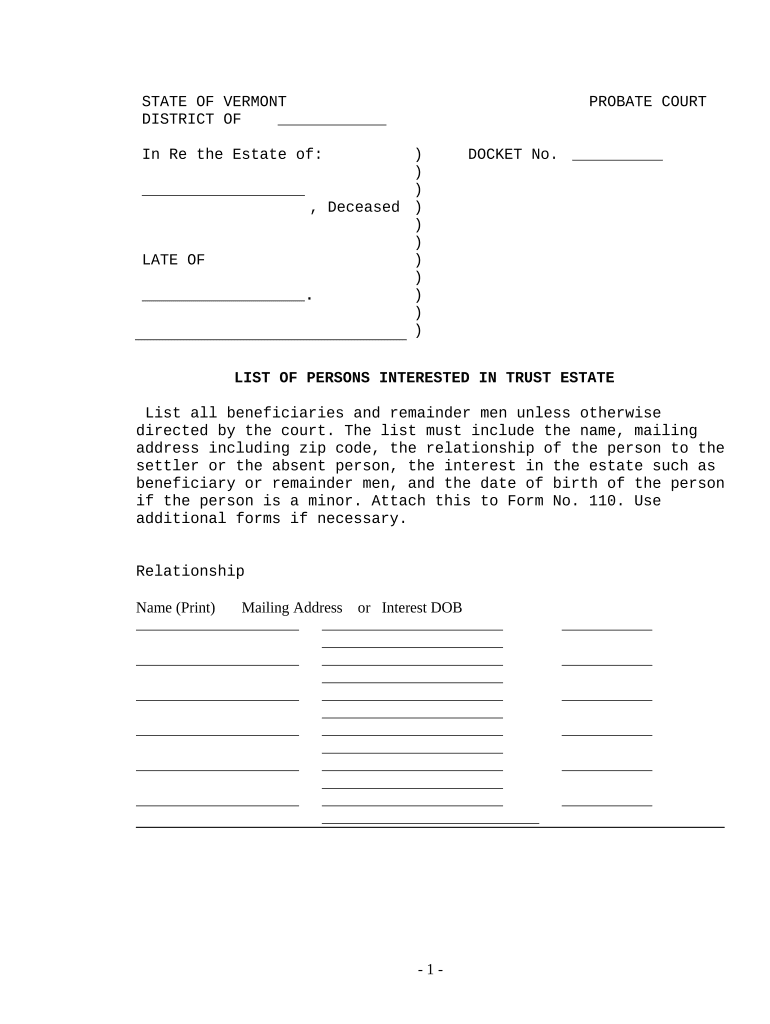 List of Persons Interested in Trust Estate Vermont  Form