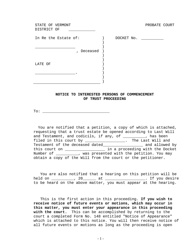 Notice to Interested Persons of Commencement of Trust Proceeding Vermont  Form