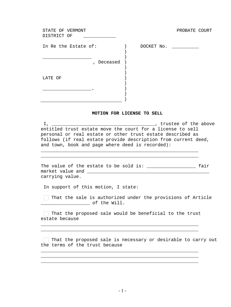 Motion for License to Sell Vermont  Form