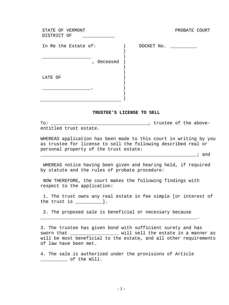 Trustee's License to Sell Vermont  Form